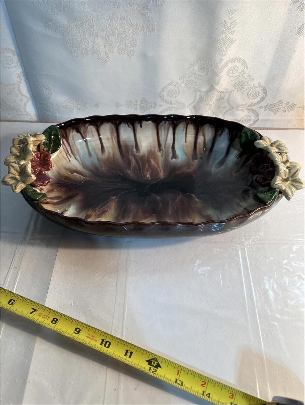 AUSTRIA VINTAGE MAJOLICA BOWL With Flowers 14” Handmade